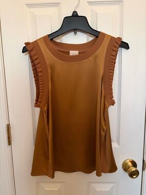 cinq a sept 100% Silk Gold Sleeveless Ruffle-Trim Shell